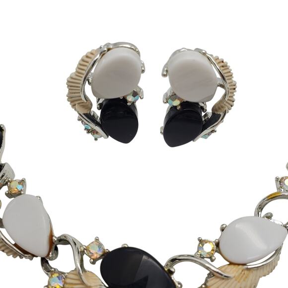 Black White Necklace Bracelet Clip Earrings AB Rhinestone Thermoset Acrylic - Picture 9 of 11